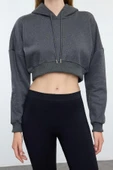 Tarz Regular Kapüşonlu Düşük Kol Crop Pamuklu Crop İçi Polarlı Örme Spor Sweatshirt - 5