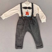 9-12-18 Ay Papyonlu Sweat Kot Pantolon 2li Erkek Bebek Salopet Takımı - 1