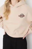 Tarz Relaxed Kapüşonlu Düşük Kol Crop Sırt Baskı Detaylı Kalın İçi Polarlı Örme Sweatshirt - 2
