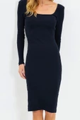 Moda Stil Slim Kare Yaka Midi Boy Vücuda Oturan Uzun Kollu Fitilli Esnek Örme Elbise - 1