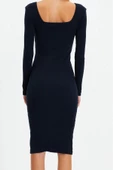 Moda Stil Slim Kare Yaka Midi Boy Vücuda Oturan Uzun Kollu Fitilli Esnek Örme Elbise - 2