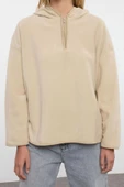 Tarz Bol Kapüşonlu Düşük Kol Uzun Kalın Polar ve Fermuarlı Geniş Kalıp Örme Sweatshirt - 5