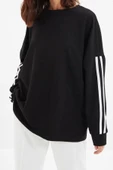 Tarz Oversize Bisiklet Yaka Düşük Kol Uzun Şerit Detaylı Geniş Kalıp İnce Örme Sweatshirt - 5