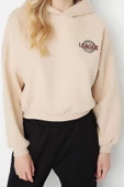 Tarz Relaxed Kapüşonlu Düşük Kol Crop Sırt Baskı Detaylı Kalın İçi Polarlı Örme Sweatshirt - 6