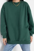 Oversize Bisiklet Yaka Düşük Kol Uzun Geniş Kalıp Yırtmaç Kalın İçi Polarlı Örme Sweatshirt - 3