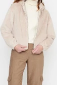 Tasarım Düz Astarlı Yaka Standart Regular Kapüşonlu Kadın Oversize Kapüşonlu Peluş Mont - 5
