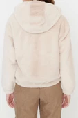Tasarım Düz Astarlı Yaka Standart Regular Kapüşonlu Kadın Oversize Kapüşonlu Peluş Mont - 4