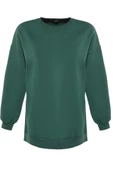 Oversize Bisiklet Yaka Düşük Kol Uzun Geniş Kalıp Yırtmaç Kalın İçi Polarlı Örme Sweatshirt - 6