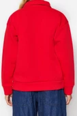 Bol Fermuarlı Yaka Düşük Kol Uzun Normal Kalıp Sloganlı Fermuarlı Kalın İçi Polarlı Sweatshirt - 5