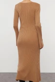 Moda Stil Slim Kare Yaka Midi Boy Triko Basic Kol Ucu Detaylı Elbise - 5