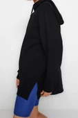 Tarz Bol Kapüşonlu Düşük Kol Uzun Şardonlu Örme Sweatshirt - 2