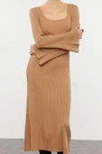 Moda Stil Slim Kare Yaka Midi Boy Triko Basic Kol Ucu Detaylı Elbise - 1
