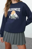 Regular Bisiklet Yaka Düşük Kol Regular Baskılı Kalın İçi Polarlı Rahat Kalıp Örme Sweatshirt - 2