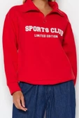 Bol Fermuarlı Yaka Düşük Kol Uzun Normal Kalıp Sloganlı Fermuarlı Kalın İçi Polarlı Sweatshirt - 3