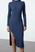 Moda Slim Dik Yaka Midi Boy Fitilli Derin Yırtmaç Detaylı Fitted Vücuda Oturan Esnek Örme Elbise - 3