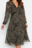 Moda Stil Regular Kruvaze Midi Boy Kemerli A Kesim Yaka Desenli Şifon Elbise Dokuma Elbise - 4