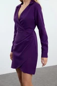 Moda Stil Regular Kruvaze Mini Boy Düz Dokuma Elbise - 4