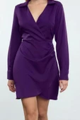 Moda Stil Regular Kruvaze Mini Boy Düz Dokuma Elbise - 1