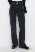 Stil Kadın Moda Denim Kot Pantolon Uzun Geniş Paça Antrasit Yüksek Bel Jeans - 1