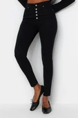 Stil Kadın Moda Denim Kot Pantolon Regular Dar Paça Solmayan Düğmeli Yüksek Bel Skinny Jeans - 2