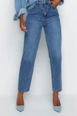 Stil Kadın Moda Denim Kot Pantolon Regular Dar Paça Mavi Yüksek Bel Mom Jeans - 1