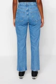 Stil Kadın Moda Denim Kot Pantolon Uzun Geniş Paça Mavi Yüksek Bel Straight Jeans - 6
