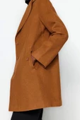 Tasarım Düz Astarlı Yaka Midi Bol Ceket Kadın Oversize Geniş Kesim Kaşe Kaban - 3