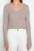 Stil Modern Kadın Crop Standart Kol V Yaka Basic Triko Kazak - 3