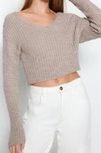 Stil Modern Kadın Crop Standart Kol V Yaka Basic Triko Kazak - 1