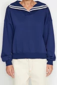 Regular Polo Yaka Standart Kol Regular Geniş Kalıp Triko Yaka Detaylı Diagonel Örme Sweatshirt - 3