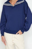 Regular Polo Yaka Standart Kol Regular Geniş Kalıp Triko Yaka Detaylı Diagonel Örme Sweatshirt - 1