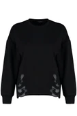 Tarz Relaxed Bisiklet Yaka Standart Kol Regular Basic İnce Aplike Detaylı Örme Sweatshirt - 6