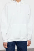 Tarz Bol Kapüşonlu Düşük Kol Uzun Sırt Baskılı Geniş Kalıp Kalın İçi Polarlı Örme Sweatshirt - 5