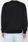 Regular Bisiklet Yaka Düşük Kol Regular Kalın İçi Polarlı Normal Kalıp Basic Örme Sweatshirt - 4