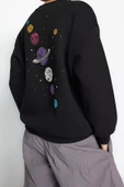 Regular Bisiklet Yaka Düşük Kol Regular Kalın İçi Polarlı Baskılı Normal Kalıp Örme Sweatshirt - 3