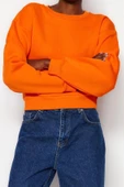 Tarz Crop Dik Yaka Düşük Kol Crop Rahat Kesim Crop Basic Kalın İçi polarlı Örme Sweatshirt - 1