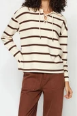 Regular Polo Yaka Standart Kol Regular Polo Yaka Bağlama Detaylı Kalın Fit Örme Sweatshirt - 2