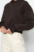 Bisiklet Yaka Düşük Kol Kalın İçi Polarlı Dikiş Detaylı Normal Kalıp Örme Sweatshirt - 1