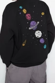 Regular Bisiklet Yaka Düşük Kol Regular Kalın İçi Polarlı Baskılı Normal Kalıp Örme Sweatshirt - 1