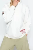 Regular Dik Yaka Standart Kol Regular Kalın İçi Polarlı Nakış ve Düğme Detaylı Örme Sweatshirt - 1