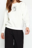 Tarz Regular Bisiklet Yaka Düşük Kol Regular Çiçek Nakışlı Kalın İçi Polarlı Örme Sweatshirt - 3
