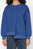 Regular Bisiklet Yaka Düşük Kol Regular Kalın İçi Polarlı Asimetrik Detaylı Örme Sweatshirt - 6
