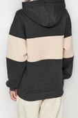 Tarz Bol Kapüşonlu Düşük Kol Uzun Kalın İçi Polarlı Geniş Kalıp Örme Sweatshirt - 5