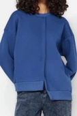 Regular Bisiklet Yaka Düşük Kol Regular Kalın İçi Polarlı Asimetrik Detaylı Örme Sweatshirt - 1