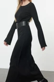 Moda Stil Regular Bisiklet Yaka Maxi Boy Triko Kemerli Elbise - 4