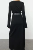Moda Stil Regular Bisiklet Yaka Maxi Boy Triko Kemerli Elbise - 5