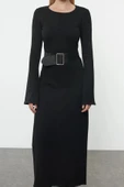 Moda Stil Regular Bisiklet Yaka Maxi Boy Triko Kemerli Elbise - 3