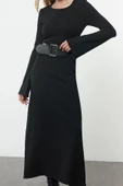 Moda Stil Regular Bisiklet Yaka Maxi Boy Triko Kemerli Elbise - 1