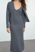Moda Stil Slim V Yaka Midi Boy Premium İplik Özel İplik Triko Hırka- Elbise Takım - 1