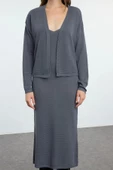 Moda Stil Slim V Yaka Midi Boy Premium İplik Özel İplik Triko Hırka- Elbise Takım - 3